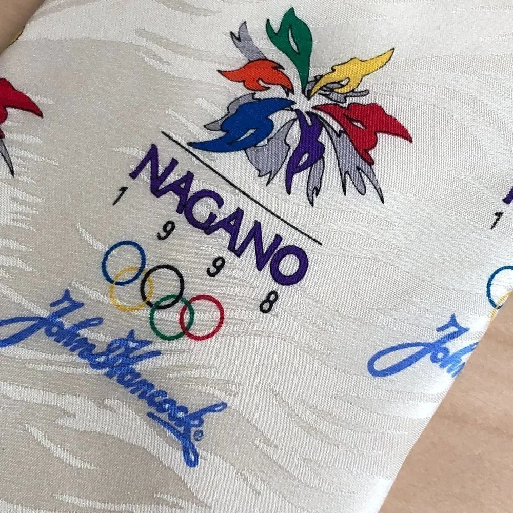 Vintage Nagano 1998 Olympics John Hancock Men's Silk Necktie Ivory Red Blue Tie